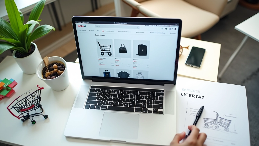 Modern laptop displaying an e-commerce website with product cards and shopping cart interface